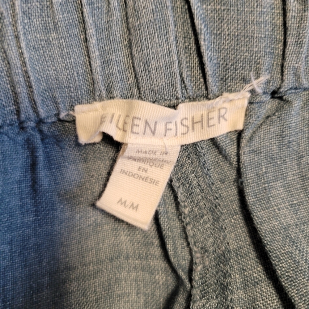EILEEN FISHER Washed-Organic-Linen Délavé Wide-Leg Cropped Pants Blue Sz Medium - Picture 9 of 10